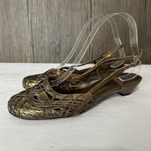 Coldwater Creek Shoes Women 7.5 Gold Bronze Metallic Woven Slingback Kitten Heel - Picture 1 of 12